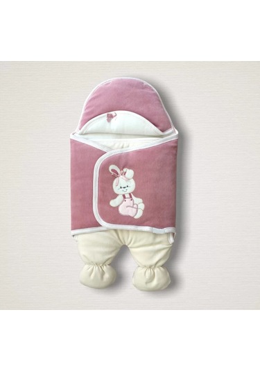 Yenidoğan Kadife Kumaş Ayıcık Nakışlı Şapkalı Kız Erkek Bebek Ayaklı Kundak Bebek Battaniyesi Gül Kurusu Renkli Çok Renkli