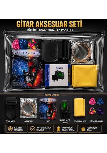 Valares Profesyonel Gitar Aksesuar Seti Tuner + Capo + Tel + Pena + Askı + Temizlik Bezi Full Set