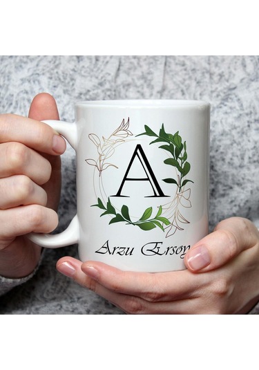 Kişiye Özel Baş Harf Temalı Yeşil Yapraklı İsimli Beyaz Kupa