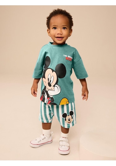 Erkek Çocuk Mickey Çizgili Şortlu Takım Mint Mint Yeşili