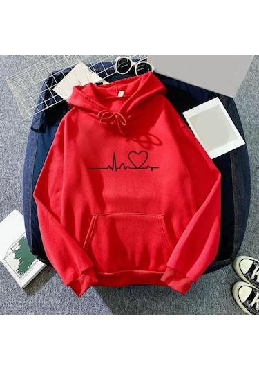 Mor Kazak Unisex Şık Kapşonlu Elastik Manşet Kalp Baskı Çift Kapşonlu Bayan Mor