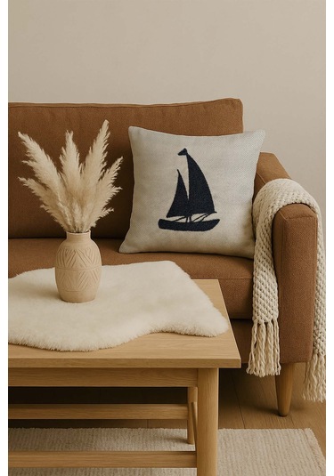 Lacivert Yelkenli Hasır Görünümlü Dokuma Punch Kırlent Kılıfı Ekru