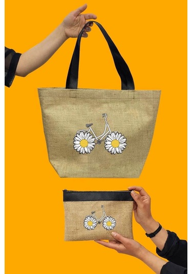 Papatya Baskılı Deri Saplı Hasır Kumaş Baskılı Plaj Çantası Açık Kahverengi