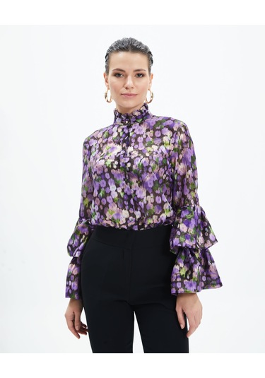 Volan Kollu Metalik Desenli Transparan Gömlek Işıltılı Ve Sofistike Stil Mor