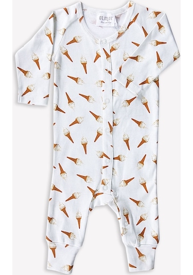 Ozmoz Dondurma Desenli Organik Bebek Tulum Ekru