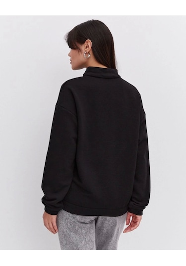 Oversize Yarım Farmuarlı Yakalı Basic Sweatshirt - Siyah Siyah