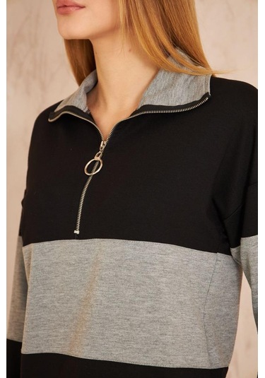 Kadın Uzun Kol Fermuarlı Polo Yaka Color Block Basic Salaş Sweatshirt Bluz 3471210 Siyah - Gri