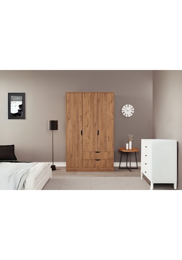 Moderno Trio 3 Kapaklı 2 Çekmeceli Gardırop Şık Ve Fonksiyonel Depolama Alanı Atlantik Çam