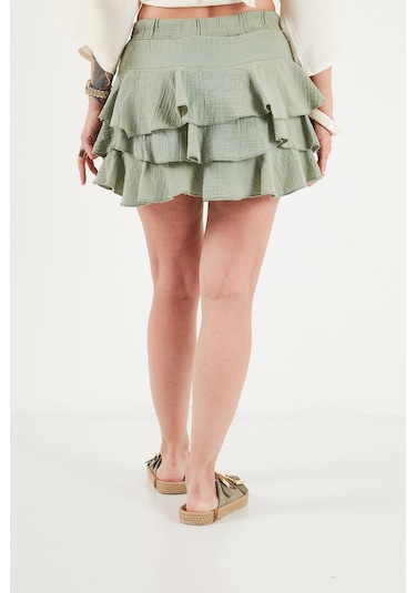 Lela Pamuklu Regular Fit Fırfırlı Mini Müslin Şort Etek Bayan Etek 5866662 Olive
