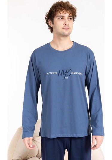 Erkek Penye Pamuk Regular Kalıp Sıfır Yaka Kaliteli Pijama Takımı A803123-mavi Mavi