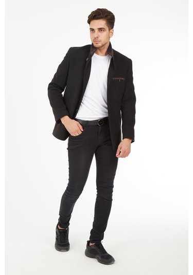 Sposo 1727 Hakim Yaka Düğmeli Yün Kaşe Siyah Erkek Kaban