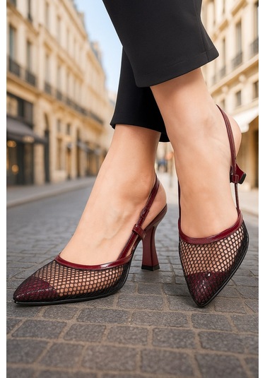 Günlük Kadın Fileli Arkası Açık Ayarlanabilir Tokalı İnce Topuklu Abiye Ayakkbı 923 Bordo Rugan