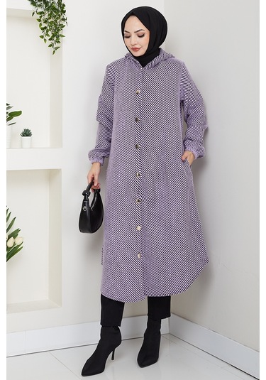 Çizgi Detay Kapüşonlu Kaşe Kap 1634 - Lila Lila