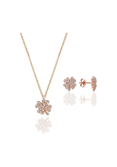 Gümüş Rose Zirkon Taşlı Yonca Kolye Ve Küpe Gümüş Ikili Set