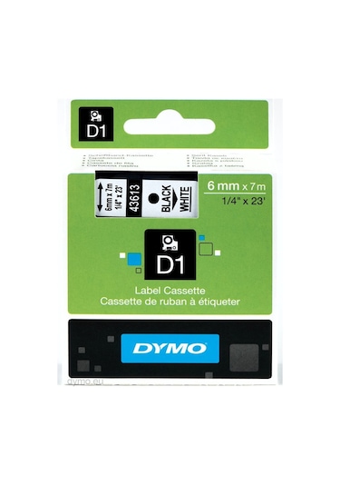 Dymo D1 43613 Yedek Şerit 6 MM x 7 M Beyaz-Siyah
