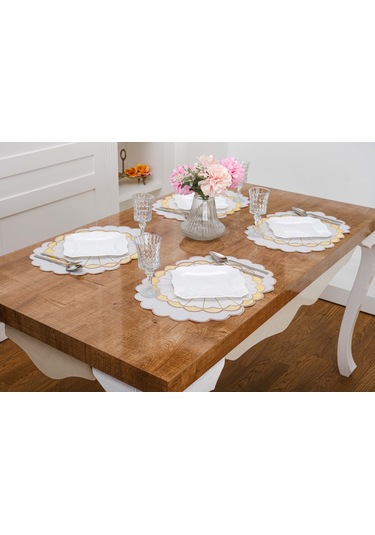 Finezza Mila Nakışlı Keten Efekt Kumaş Krem Sarı A.Servis 33x45 cm 4 Ad.-1392 Krem