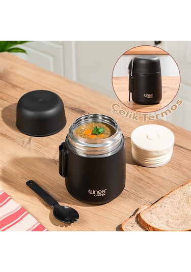Porsima Paslanmaz Çelik Vakumlu Yemek Termosu Beslenme Kutusu Taşınabilir Lunch Box Sefer Tası Siyah 600 Ml Siyah