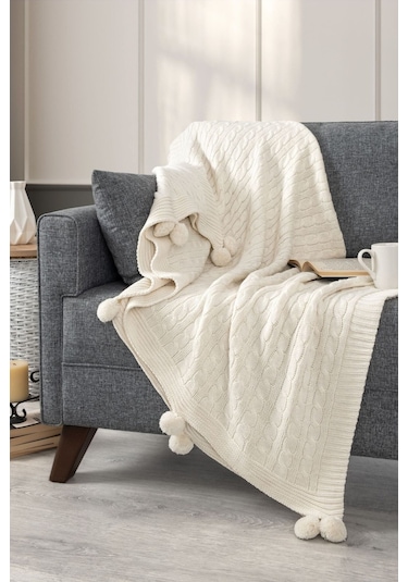 Ponponlu Triko Örme Tv Battaniyesi Koltuk & Omuz Şalı & Diz Battaniyesi 130x170cm - Krem Krem