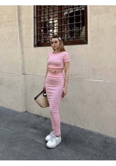 Biçomi Çizgili Etekli Takım Pembe S3609 Pembe