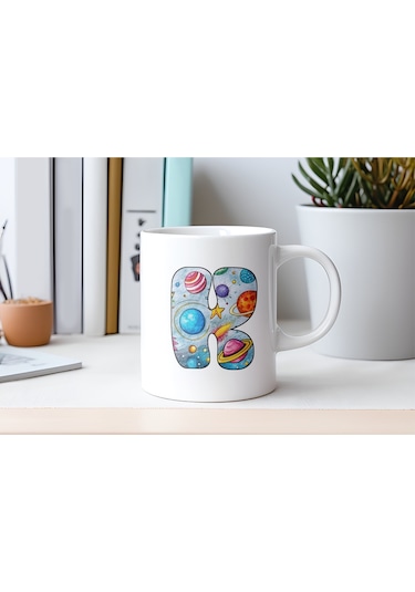 K Baş Harf Gezegen Desenli Kupa Bardak - Kişiye Özel Evren Temalı Kahve Çay Kupası - Gökyüzü Beyaz