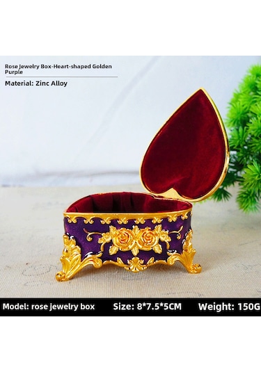 Yuntech01 Altın Mor Gül Desenli Kalp Yüzlü Metal Kutu - Ev Dekoru Ve Mücevher Saklama Aracı, Dayanıklı Alaşım Malzeme, 8x7.5x5 Cm