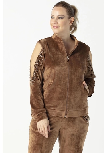 1950 Kolları Taşlı Tam Kalıp Tarz Kadife Büyük Beden Eşofman Takımı Taba Taba