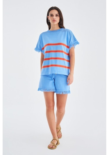 Peraluna Hannah Blouse & Shorts Pamuklu Yazlık Kadın Triko Şort T Mavi