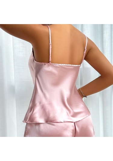 Buz İpek Atlet Pijama Kadın Moda Anlayışı İki Parça Ev Giyim İnce Ev Askılı Şort Takımı Pembe