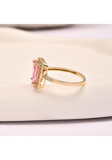 14 Ayar Altın Tektaş Pembe Topaz Yüzük, Zarif Doğum Taşı Hediyesi 14 Ayar Altın