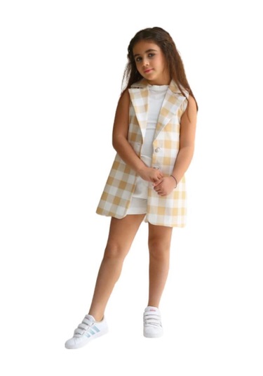 Riccotarz Kız Çocuk Halter Yaka Ekose Baskılı Düğme Detaylı Hardal Şortlu Takım Hardal