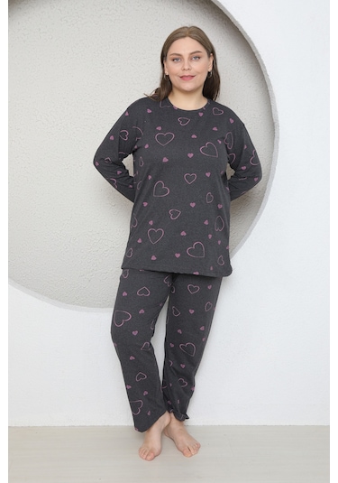 Fames Pijama Büyük Beden Kalp Desenli Mevsimlik Uzun Kol Pijama Takim Füme