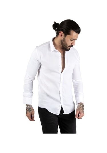 Deepsea Erkek Beyaz Likralı Slim Fit Spor Gömlek Esnek Kumaş Gömlek 2001810 Beyaz