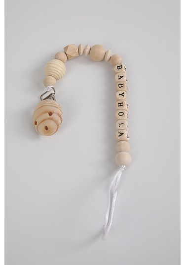 Ahşap Organik Emzik Askısı Babyhola Yazılı Beyaz - Mavi