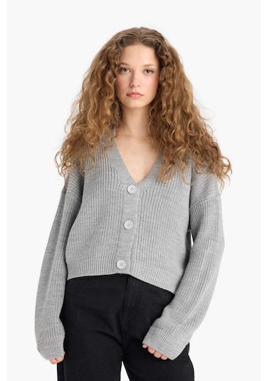 Defacto Regular Fit V Yaka Düğmeli Triko Hırka U2052az25wngr76 Gri