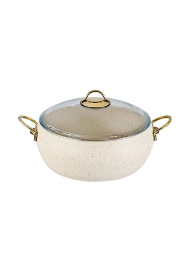 28 Cm Güveç Derin Tencere Gold Saplı - Krem