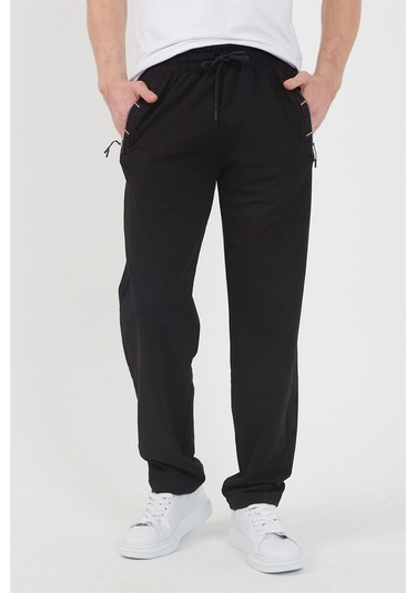 Siyah Erkek Fermuar Cep Nakış Detaylı Düz Paça Rahat Kesim Eşofman Altı Mtlco05 Siyah