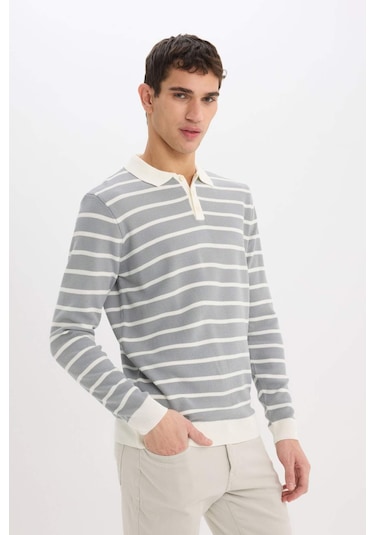 DeFacto Standart Fit Polo Yaka Çizgili Triko Kazak E7604AX24WNGR253