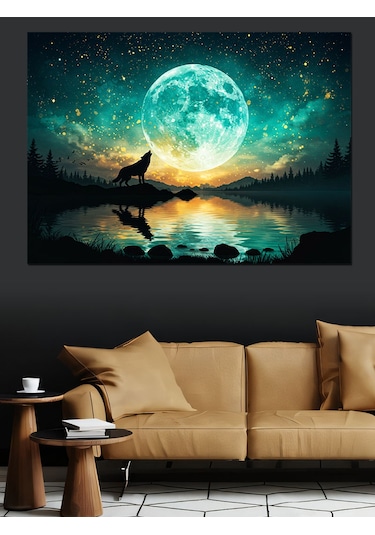 Dolunay Manzarasında Uluyan Kurt Dekoratif Kanvas - Mdf Ahşap Tablo