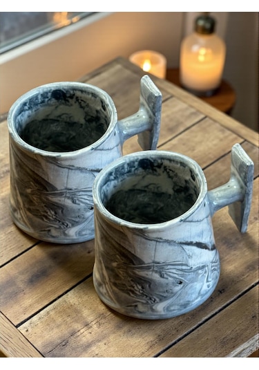 2'li Nerikomi El Yapımı Stoneware Fincan Gri - Krem