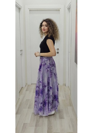 Bel Lastikli Kloş Desenli Şifon Etek 6003-mor Mor