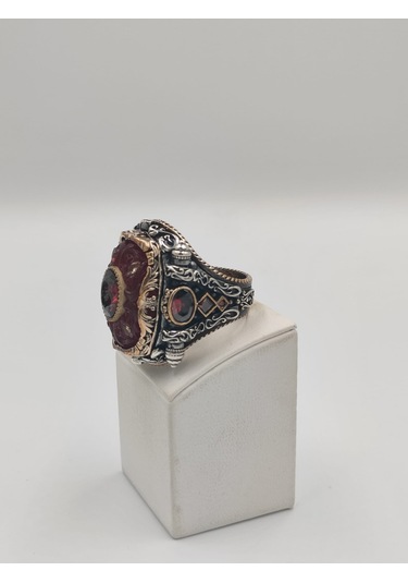 Kırmızı Kehribar Taşlı Çiçekli İslam Usta Eseri 925 Ayar 24 Mm