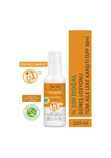 INCIA %100 Doğal Organik Tamanu Yağlı Güneş Losyonu Mineral Filtreli Tüm Aile İçin SPF 50+ 100 ML