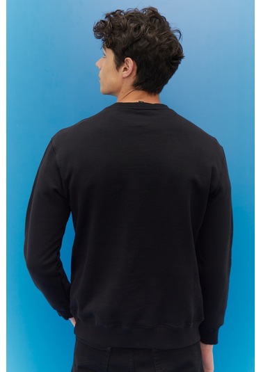 Regular Fit %100 Pamuk Bisiklet Yaka Siyah Şardonlu Sweatshirt Siyah