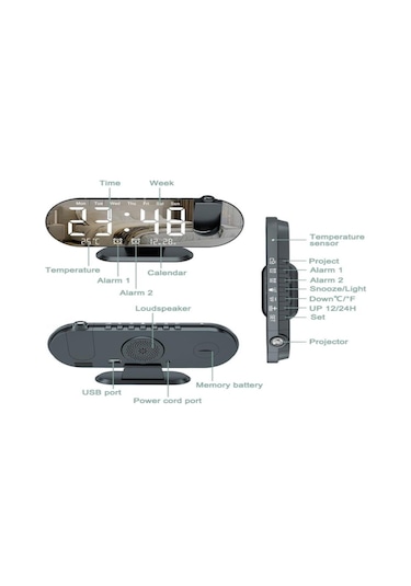 Youtek Siyah Kasa Beyaz Işıklı Dijital Projeksiyon Saat, Led Ekranlı Sicaklık-nem Gösterici, Ayna Yüzeyli Elektrikli Saat Diğer