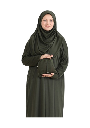 Keseli Namaz Elbisesi Eşarp Ve Tesbih Hazır Tesettür Giyim Türban Müslüman Giysi Takım Haki