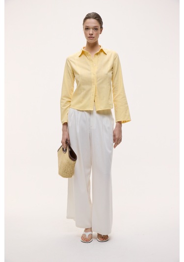 Grımelange Makayla Kadın Keten Uzun Kollu Regular Fit Sarı Gömlek sarı