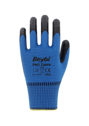 Beybi PN3 Zebra Polyester Örme Nitril İş Eldiveni 288 Çift (Koli) – Mavi - Siyah
