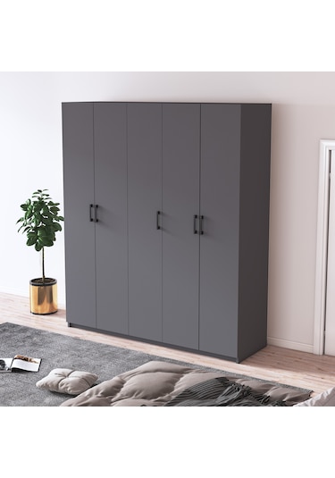 %100 Mdflam 5 Kapaklı 150cm Gardrop G-09 Koyu Gri