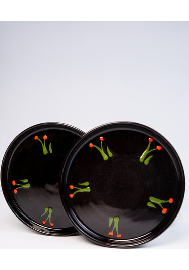 2 Li Takım Siyah Beyaz Kiraz Desenli El Yapımı Kazan Seramik Kahve Fincanı, Kahve Fincanı Beyaz