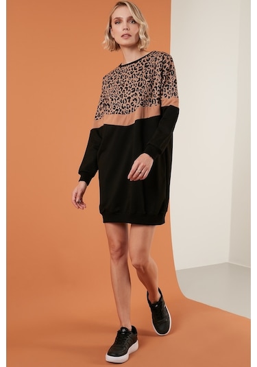 Lela  Leopar Desenli Renk Bloklu Oversize Bisiklet Yaka Bayan Tunik 5863604 Siyah